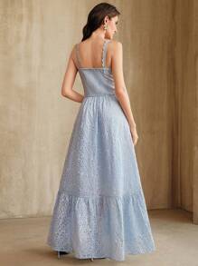 Anewsta 优雅荷叶边镂空刺绣腰部A字长裙女士连衣裙，浅蓝色，适合海滩度假