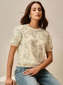 Anewsta Elegant Retro Chiffon Overlay Green Short Sleeve Slimming T-Shirt - Apricot - View 3