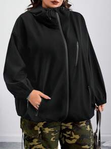 SHEIN CURVE+ Curves 大码/学校服装/返校服装/返校女士大码落肩抽绳拉链连帽夹克，女士秋装、冬季、CURVE PLUS - 黑色 - 查看 5