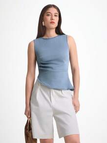 Daynim 女式休闲圆领无袖牛仔蓝色上衣 - 淺色水洗藍 - 查看 4