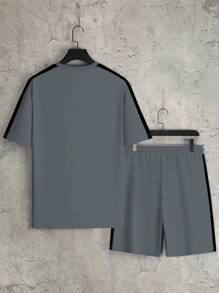 Manfinity Roughcore Men's Letter Print Short Sleeve T-Shirt And Shorts Set Men Two Pieces Set Men Two Pieces Short Sets Men 2 Pieces Short Set