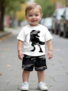 SHEIN Leap Crew 2pcs Baby Boy Cartoon Dinosaur & Camo Print Casual Round Neck Short Sleeve Top And Shorts Set, Summer - Multicolor - View 2