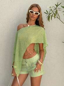 EgrlEra 女式休闲宽松不对称下摆衬衫，夏季款式 - 青檸色 - 查看 6