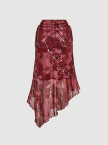 SHEIN MOD Women's Asymmetrical Ruched Waist Tie Dye Burgundy Versatile A-Line Skirt,  Burgundy Skirt,  Red Skirt,  Silk Skirt,  Asymmetrical Skirt,  High Waisted Skirt, Vintage, Red Dye, Charming, Versatile, Half Skirt, Fall Clothes For Women - Burgundy - View 2