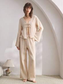 Ocili 女士休闲系带纹理上衣和裤子睡衣套装、服装、秋装 - 卡其色 - 查看 3