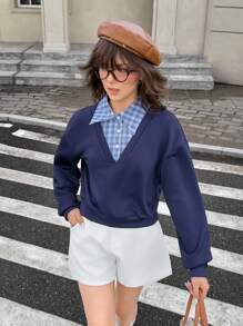 SHEIN Girls American College Style 2 In 1 Plaid Patchwork Collared Sweatshirt Fall Winter - Navy Blue - View 1