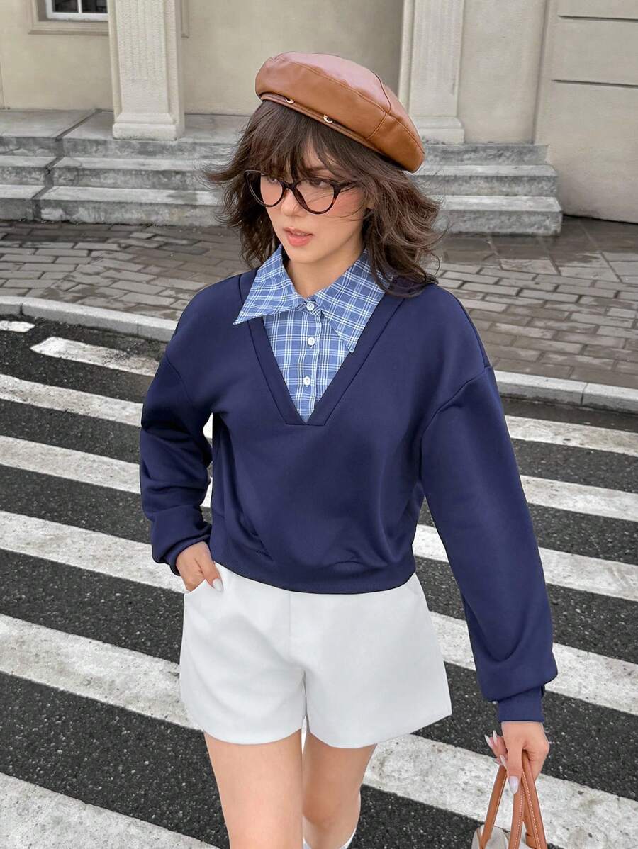 SHEIN Girls American College Style 2 In 1 Plaid Patchwork Collared Sweatshirt Fall Winter - Navy Blue - View 1
