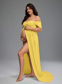 SHEIN 简约纯色露肩孕妇拍摄礼服 - 黃色 - 查看 3