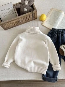 SHEIN 1 Piece Young Boy Leisure College Comfortable Fashion Simple Practical All-Match With Half Door Lapel Stripe Soft Comfortable Thick Warm Sweater Suitable For Outdoor Play Suitable For School Back To School Daily Suitable For School Suitable For Travel Suitable For Sports Suitable For Spring Autumn And Winter Boys Turtleneck Sweater Boys Winter Sweater - Apricot - View 2