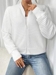 SHEIN Frenchy Áo khoác bóng chày thường ngày tay dài có khóa kéo màu trơn dành cho nữ vào mùa thu/đông - trắng - Xem 3