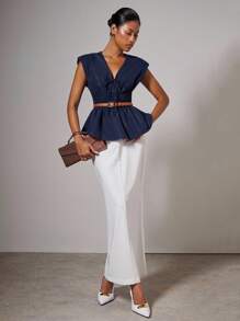 COSMINA Women Elegant V-Neck Ruffle Hem Tie-Front Camisole Top V-Neck Peplum Top,Four Seasons,Teacher Outfits For Women,Business Casual Woman,Going Out Tops - Navy Blue - View 3