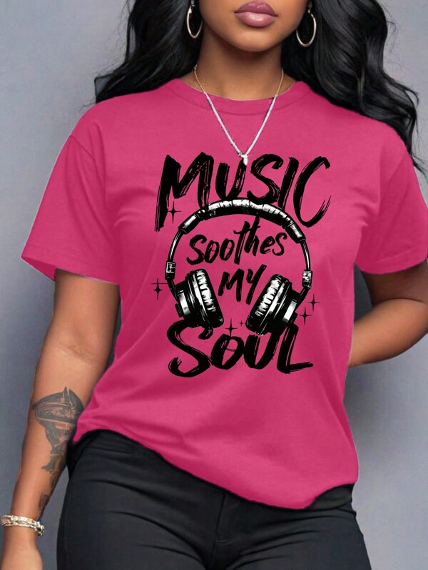 'Music Soothes My Soul' Headset Graphic Tees Letter Slogan T-Shirt, Round Neck Short Sleeved Women Tops