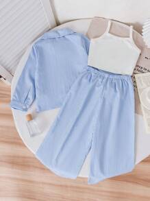 SHEIN 2 件套女孩年轻女孩正装，白衬衫和夹克，通勤风格，适合日常穿着，春夏季 - 藍色 - 查看 2