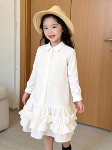 Young Girl Solid Color Long Sleeve Ruffle Hem Casual Shirt Dress Fall Winter - White - View 5