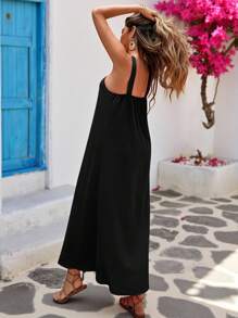 Vivid Eden 女式纯色宽松直领中长连衣裙 - 黑色 - 查看 3