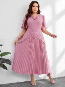 Modelyn Váy xếp ly đính đá pha lê thanh lịch cỡ lớn mùa hè - Màu tím hoa cà - Xem 6