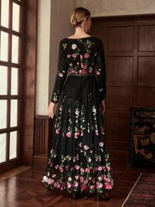 ZEYLAH 女士花卉刺绣透视长袖连衣裙，海滩度假风格，春秋季 - 黑色 - 查看 3