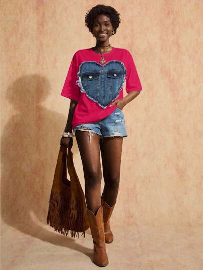 Bóhologie Denim Heart Design Oversize T-Shirt, Cotton Material, Round Neck, Decorative Denim Pocket Detail, Distressed Heart Pattern, Short Sleeves, Casual Wear, Creative Style, Regular Fit, Statement Piece, Perfect For Daily Wear, Unique Design Element, Breathable Cotton Fabric