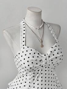 Sweetra Maiou de damă mărime mare, cu volane, decolteu halter, cu buline romantice, model polka dot - Multicolor - Vizualizare 4