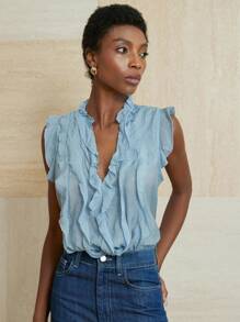 Aveloria Modichic Elegant Minimalist Layered Ruffle Hem Sleeveless Women Short Blouse - Blue - View 6