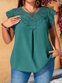 EMERY ROSE Plus Size Women Water-Soluble Lace Tunic Tops Dressy Blouses , Vacation Summer,Holiday Outfits For Women