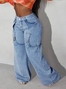 大码休闲日常纽扣细节斜口袋宽松阔腿牛仔裤 - 淺藍色 - 查看 1