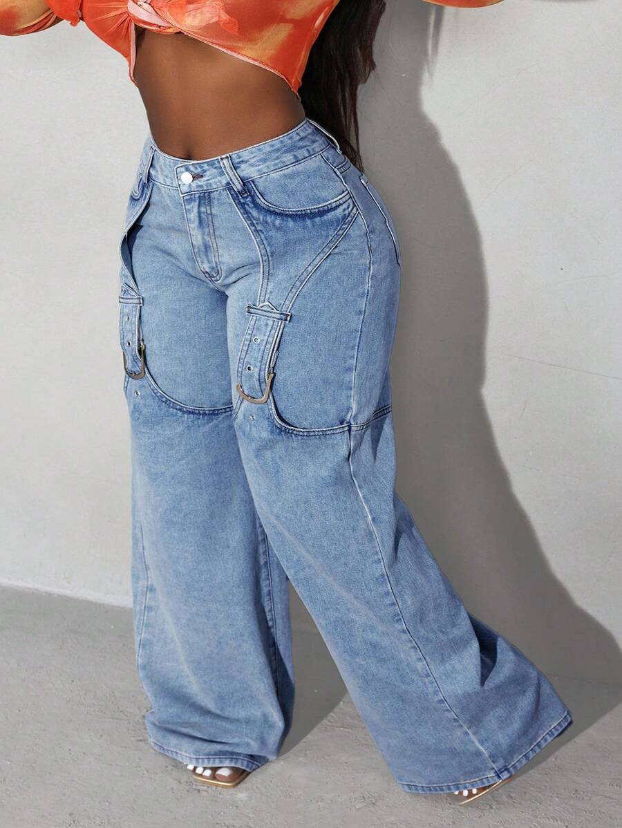 大码休闲日常纽扣细节斜口袋宽松阔腿牛仔裤 - 淺藍色 - 查看 1