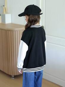 青少年女孩休闲字母拼布棒球夹克，适合上学和通勤，返校季 - 彩色 - 查看 6