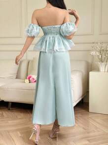 Modelyn 女士植物印花荷叶边露肩泡泡袖上衣和中长裙优雅两件套 - 薄荷綠 - 查看 2