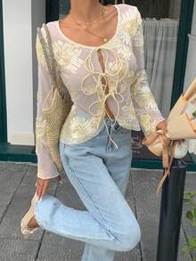 SHEIN Frenchy بلوزة أزهار شبكية بأكمام طويلة وعقدة أمامية موضة للسيدات - لون مشمشي - مشاهدة 2