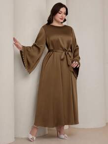 Graceveil Plus Size Women Flared Sleeve Pearl Beaded Arabic Style Dress Modest - Coffee Brown - View 3