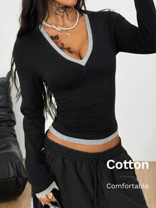 Coolane Women's Fall/ All-Season Casual Vintage Y2K Basic Gyaru Cotton Knit Comfortable Patchwork V-Neck Long Sleeve Slim Fit T-Shirt,Fall Clothes For Women