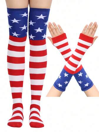 Grunge Punk Damen 5-zackiger Stern gestreifte Oberschenkel-Hohe Socken und Armstulpen Set, Punk Stil Mode Lässig vielseitig geeignet für Party, Zusammenkunft, Urlaub