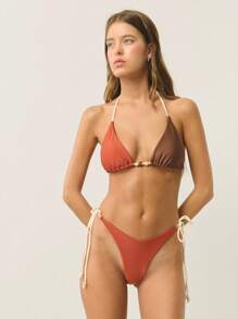 Nöista Women's Two-Tone Triangle Bikini Set With Central Bead,Rust And Brown Tie-Side Beachwear,Summer Casual Rave Vacation Holiday Minimalistic Outfits - Red - View 8