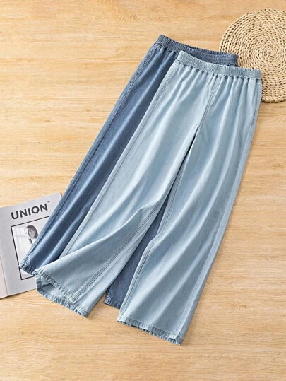 2 件 Tween 女童休闲水洗牛仔裤，弹力腰部直筒舒适轻便长裤，百搭深蓝色和浅蓝色