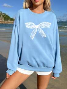 Muchica Áo nỉ dài tay rộng in họa tiết nơ ren trắng tối giản giản dị dành cho nữ, phù hợp cho mùa thu đông - Màu xanh bụi bặm - Xem 7