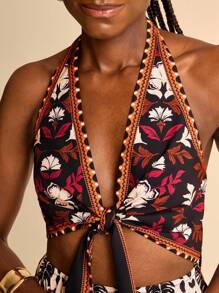 CAJUNI Robe à col ras-du-cou à nouer imprimée pour femmes - Vêtements bohèmes pour femmes / Vêtements occidentaux pour femmes / Graphique / Top décontracté pour femmes / Vêtements d'automne pour femmes