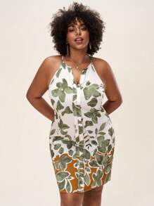 Comfylo SHEINLUNE 大码女式绿色花卉印花休闲度假无袖连衣裙 音乐会服装 女式狂欢服装 节日狂欢服装 乡村音乐会服装 纳什维尔服装 伊比沙岛服装 西部服装 女式波西米亚风度假服装 女式优雅度假服装 女式早午餐服装 圣帕特里克节 圣帕特里克节