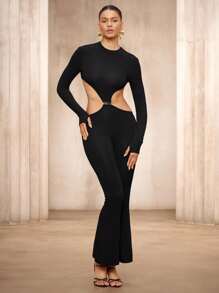 SHEIN Unity Tuta da donna con fibbia metallica e retro aperto, elegante e sexy, aderente, adatta per primavera e autunno, colore nero - nero - Visualizzare 5