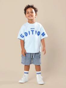 SUMWON 限量版儿童夏季T恤，宽松版型，休闲街头风，酷炫印花，个性宣言T恤，适合轻松度假、海滩、户外玩耍、上学、休闲度假等场合，男童必备单品。 - 藍色 - 查看 3