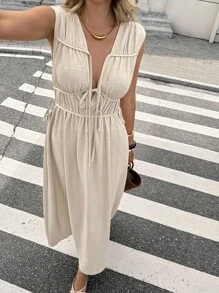 SHEIN Frenchy 女式简约休闲纯色前系带腰部褶皱连衣裙，夏季 - 杏色 - 查看 1