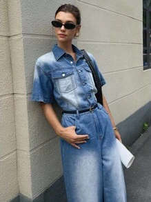 DAZY Bộ đồ liền thân denim đơn hàng ngày tay ngắn cho nữ Bộ đồ liền thân denim Bộ đồ liền thân jean Bộ đồ denim cho nữ Bộ đồ liền thân denim cho nữ - Màu xanh lam - Xem 6