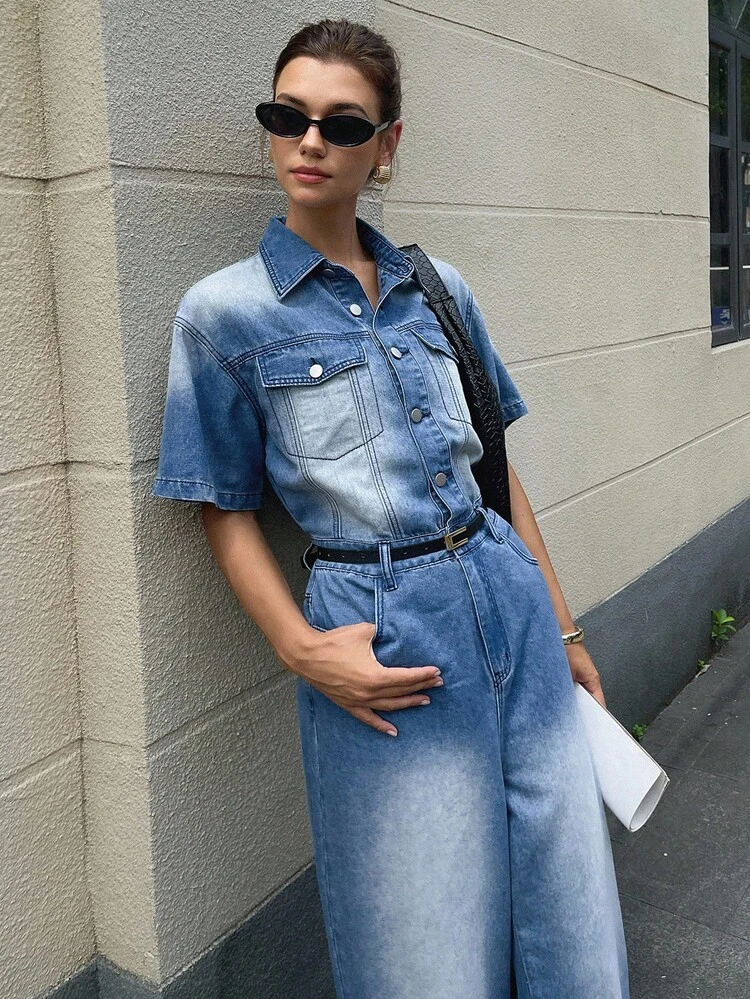 Women's Short Sleeve Single-Breasted Casual Denim Jumpsuit Denim Jumpsuits Jean Jumpsuit Denim Outfit Women Women Denim Jumpsuit