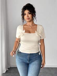 Elenzga Plus Size Women's Solid Color Short Sleeve Tank Top, Summer Fashion - Beige - View 4