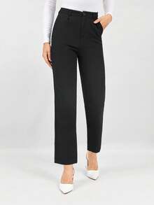 Miaspire Spring Black Slant Pockets Cropped Suit Pants - Black - View 1