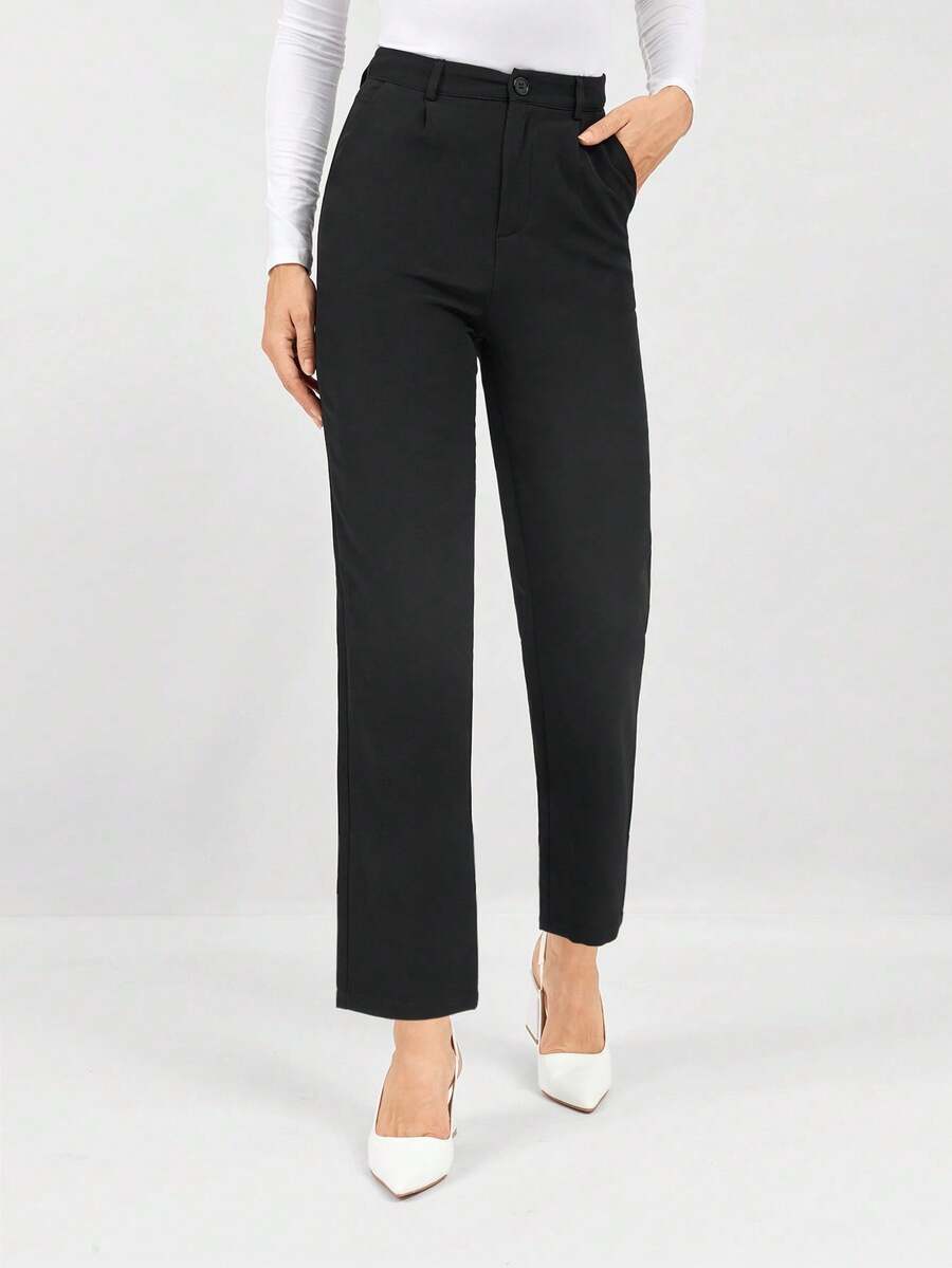 Miaspire Spring Black Slant Pockets Cropped Suit Pants - Black - View 1