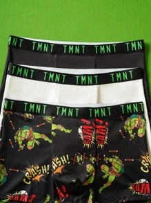 TEENAGE MUTANT NINJA TURTLES | SHEIN 男士柔软卡通乌龟与字母印花松紧腰带四角内裤 - 黑與白 - 查看 4