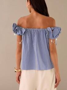 Lilora Women's Fashion Off Shoulder Striped Top With Crystal Chain Decoration, Summer - Blue and White - View 2