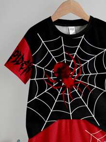 SHEIN 两件套男婴休闲简约卡通蜘蛛图案短袖T恤和短裤套装，适合夏季穿着 - 彩色 - 查看 5