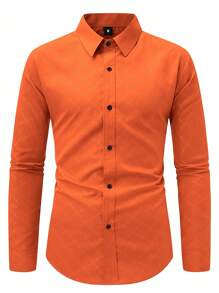 Manfinity Mode Men's Button Down Orange Long Sleeve Slim Fit Business Formal Dress Shirt, Long Sleeve Men Shirt,Fall - Coral Orange - View 3